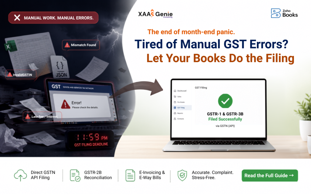 Remember the last time the GST filing deadline was just hours away, and you were knee-deep in tangled Excel sheets? If you run a business in India, you know the drill all too well. Late nights spent reconciling invoices, exporting and re-formatting JSON files, manually punching numbers into the government portal, and frantically chasing mismatches in GSTR-2B. One small transcription typo, a flipped digit in a GSTIN or a misclassified HSN code, is all it takes to trigger late fees, heavy interest charges, or annoying notices from the tax department. Manual compliance is stressful, time-consuming, and prone to human slip-ups. But it doesn't have to be this way. By using a robust GST accounting software like Zoho Books, you can transform your tax cycle from a monthly nightmare into a streamlined workflow. As a registered GST Suvidha Provider (GSP) featuring direct API integration with the GST Network, Zoho Books India handles the heavy lifting so you don't have to. Why Manual GST Filing is Costing Your Business More Than Just Time Before diving into the solution, let's look at the actual toll manual processes take on MSME accounting software users and growing businesses: ● The Error Trap: Manual data entry opens the door wide for typos. A wrong tax split or a missing GSTIN can accidentally push B2B invoices into the B2C bucket, causing downstream headaches. ● ITC Leakage: Failing to properly match your purchase register with GSTR-2B means losing out on valuable Input Tax Credit (ITC), directly eating into your working capital. ● Compliance Risks: Delayed GSTR-3B filings attract daily late fees and compounding interest, while persistent mismatches can flag your business for audit risks. Shifting to automated GST filing doesn't just save hours of labor; it acts as a financial safeguard for your enterprise. How Zoho Books Cuts Manual Errors and Effort Zoho Books for GST pulls data straight from your day-to-day transactions: sales invoices, credit and debit notes, purchases, and advances. Your returns are built organically from your live books, eliminating the need for separate spreadsheets. Here is how specific Zoho Books GST compliance features make your life easier: 1. GST-Ready Invoices by Default Enter your customer or vendor GSTINs just once. The system validates them automatically, applies the correct place-of-supply logic (CGST and SGST for intra-state, IGST for inter-state), and attaches the right HSN/SAC codes. Say goodbye to incorrect tax splits and missing details. 2. Direct GSTR-1 and GSTR-3B Filing With a simple one-time setup, enabling API access on the GST portal (My Profile → Manage API Access) and configuring Online Filing Settings in Zoho Books with your GSTN credentials, you can push your GSTR-1 and GSTR-3B data, review it, and file directly from inside the dashboard. Authentication is handled seamlessly via OTP. No more downloading and uploading JSON files manually. 3. GSTR-2B Reconciliation for Accurate ITC Fetch GSTR-2B data with a click, match it against your purchase register, and instantly flag discrepancies before you claim your Input Tax Credit. Because GSTR-2B is the ultimate source of truth for ITC, this feature alone protects you from clawbacks and disputes. 4. Built-In E-Invoicing and E-Way Bills For businesses crossing the mandatory turnover threshold, Zoho Books generates IRN and QR codes via the IRP and effortlessly creates e-way bills right from your invoice screen in a matter of seconds. Pro Tip: Built-in safeguards, multi-GSTIN setups, reverse-charge management, and annual return data preparation (GSTR-9) give you end-to-end coverage under one unified Zoho Finance Suite. What a Typical Monthly Filing Flow Looks Like Once you configure your account, your monthly compliance routine boils down to a few straightforward steps: 1. Record Daily Transactions: Go about your month normally. Every invoice you create auto-carries its precise GST breakdown. 2. Review and File GSTR-1: At period end, navigate to GST Filing → GSTR-1, review your auto-compiled sections (B2B, B2C, exports, nil-rated), push it to the GSTN, verify with an OTP, and file. 3. Reconcile Purchases: Cross-check your purchase bills with your GSTR-2B statement. 4. Finalize GSTR-3B: Review your outward liability, eligible ITC, and net tax payable summary, then push and file your GSTR-3B. 5. Clear dues and complete: Pay any outstanding tax liability through the portal and mark the period closed in your books. Instead of burning days of productive time, businesses using this cloud-based GST compliance solution typically wrap up their entire filing cycle in a couple of hours of calm review. Getting Started with Zoho Books Implementation Transitioning to tax compliance software doesn't require an army of consultants. Keep these setup essentials in mind: ● Make sure you are using the India edition of Zoho Books. ● Navigate to Settings → Taxes & Compliance → GST Settings to enter your GSTIN, select your business type (Regular, Composition, or SEZ), and define your filing frequency (monthly, quarterly, or QRMP). ● Complete your API access authorization on the official government portal (gst.gov.in). ● Map your inventory items with correct HSN/SAC codes and ensure your customer and vendor profiles have verified GSTINs attached. Note: Full direct-filing capabilities and advanced reconciliation modules are generally available on Standard plans and above, while baseline GST invoicing features are accessible on entry-level tiers. Review current pricing structures to find the best fit for your company size. Technology won't completely replace human oversight; you should always review your final figures, especially complex ITC claims and amendments, but it can strip away the tedious, repetitive steps that lead to costly mistakes under pressure. If your team is still trapped in the exhausting cycle of exporting, uploading, and manual data reconciliation, it is time to upgrade. Implementing Zoho Books for your business means spending less time stressing over tax portals and more time doing what you do best: growing your enterprise.